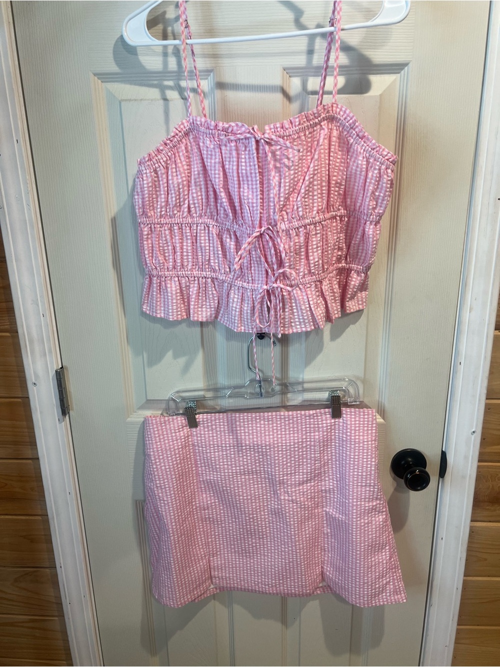 No Boundaries Pink Seersucker Ruched Crop Top & Mini Skirt Set